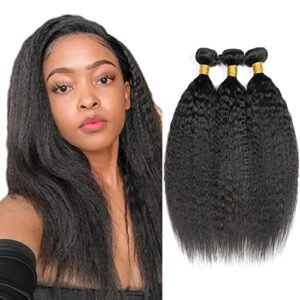 Kinky Straight Human Hair Bundles Brazilian Remy Hair Weave Double Weft Hair Extensions Natural Black Color Yaki Wave Hair 3 Bundle 18 20 22 Inch Unprocessed Virgin Hair Bundle