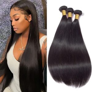 Feibin Brazilian Straight Human Hair Bundles (10 12 14 )Inch Weave 100% Unprocessed Remy Virgin Hair Extensions for Women Straight Bundles Human Hair Tissage Cheveux Brésilienne Straight Weave Bundles Natural Color