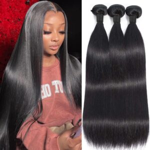 Straight Bundles Human Hair Weave 3 Bundles Brazilian Virgin Hair Straight Bundle 12A Grade Unprocessed Human Hair Extensions Natural Black 12 14 16 Inch