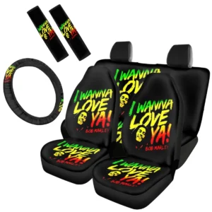 6Pcs Car Accessories Rock Band Singer Bob Marley Front Back Seat Cover Set Easy Installation Seatbelt Steering Wheel Covers New