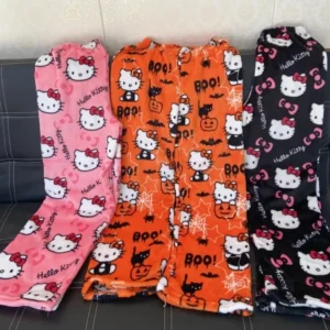 Sanrio Hello Kitty Pajamas Flannel Fashion Trousers women Kawaii Woolen Anime Cartoon Casual Home Pants Autumn