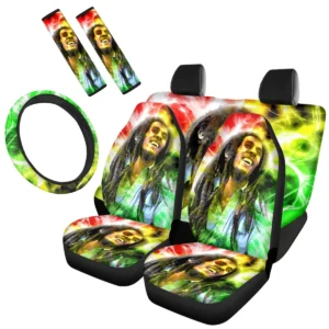 6 Piece Reggae Music Bob Marley Print Car Accessories Waterproof Dirty Resistant Car Seat Cover Car Steering Wheel Cover Seat Belt Cover