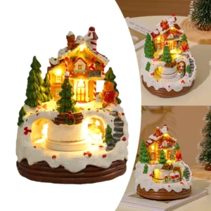 Christmas Music Box Illuminated Music Resin House Ornament Rotating Winter Scene 6.3inch Home Tabletop Decoration Gift for Kids